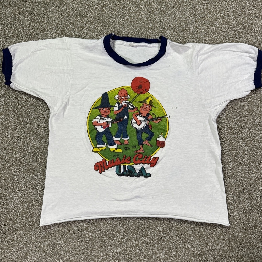 70s Ringer Shirt Music City USA Size Large Cropped Hillbillies